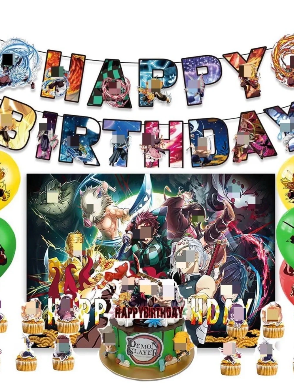 42pcs Demon Slayer Birthday Party Banner and Cake Topper Set - Multicolor